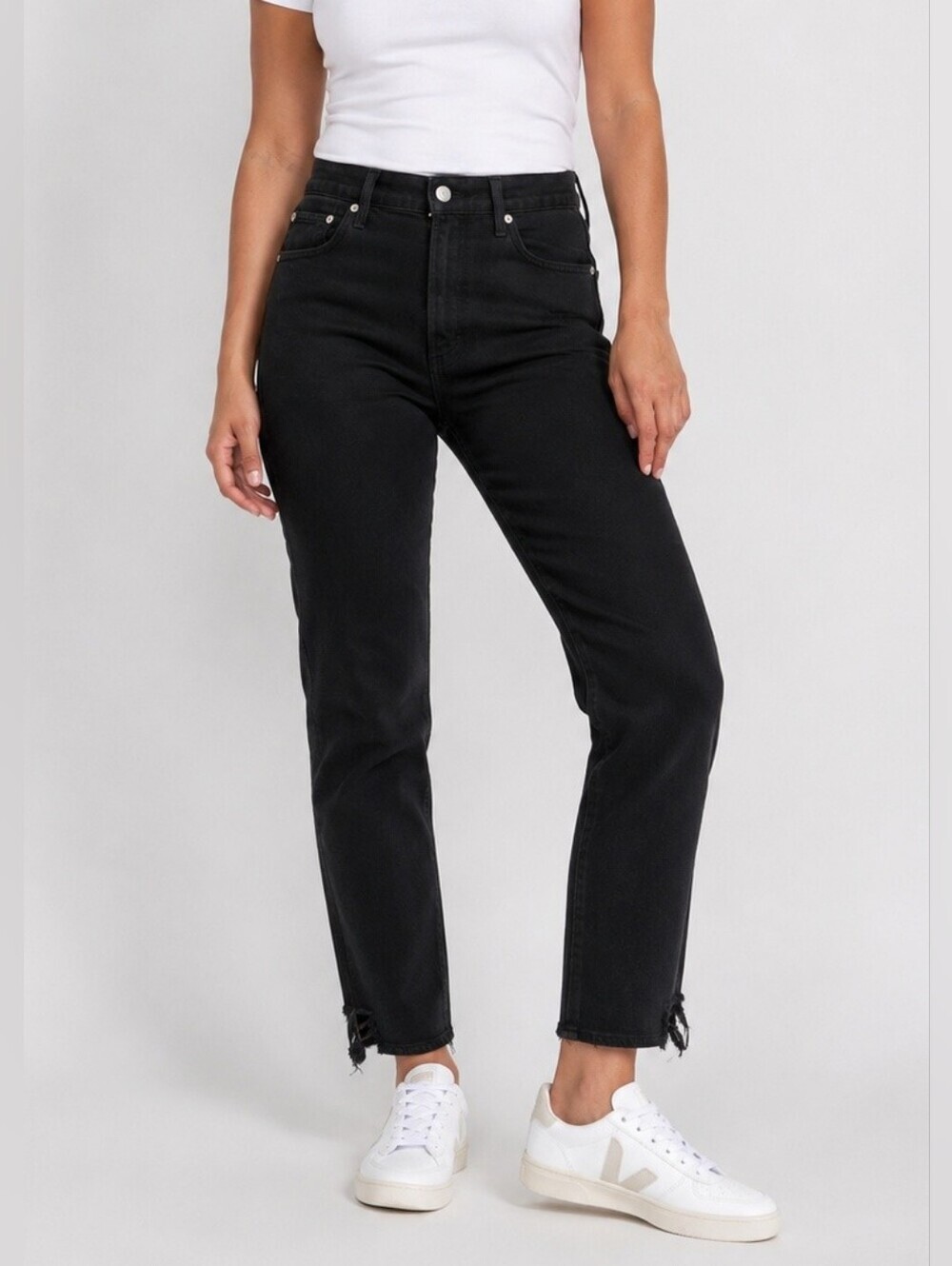 Agolde Toni Mid Rise Straight Ankle Jeans Black Chewed Hem Size 31